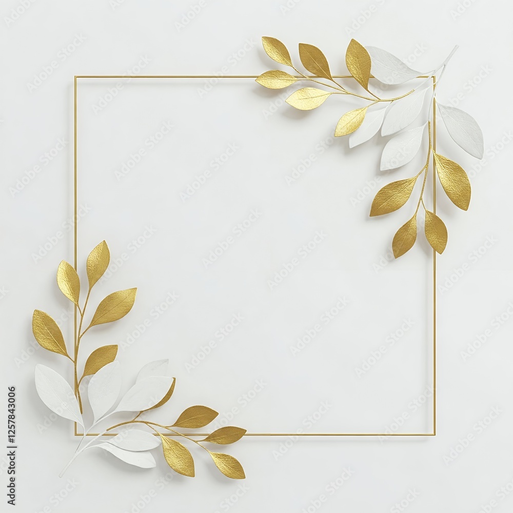 Poster a minimalist frame with gold-accented leaves on two corners, creating an elegant botanical border on