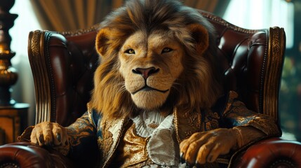 Cartoon Lion King character sitting on a throne in full royal attire.
