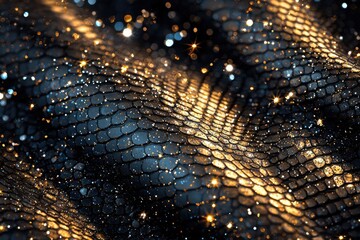 Abstract, shimmering background of intricate, scale-like textures in deep blues and golds, evoking a sense of luxury and fantasy.