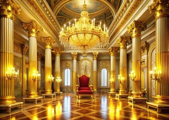 Golden throne room, luxurious palace interior, long exposure shot, 3D render.