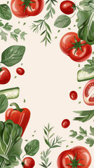 Fresh vegetable frame with tomatoes, herbs, greens, and peppers on light background