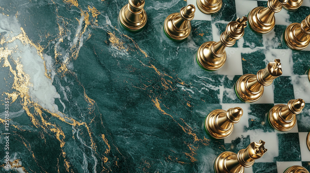Poster close-up of golden chess pieces on a marble chessboard, featuring a strategic moment in a chess game