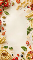 Italian culinary background with fresh ingredients and pasta on cream table