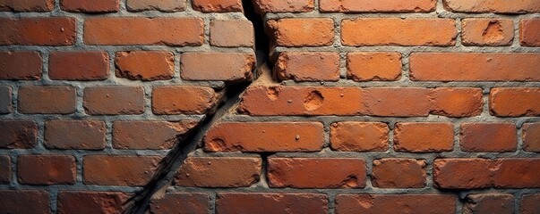 Aged brick wall, large vertical crack, weathered texture, impact, aged, urban