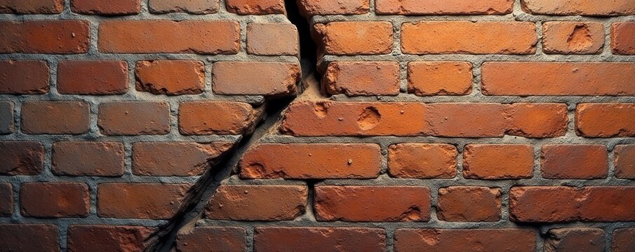 Aged brick wall, large vertical crack, weathered texture, impact, aged, urban