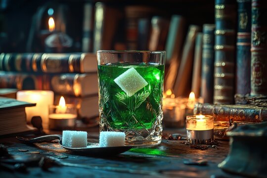 A captivating image of an absinthe cocktail with a sugar cube, candles and old books creating a moody and atmospheric setting, perfect for fantasy or mystical themes.