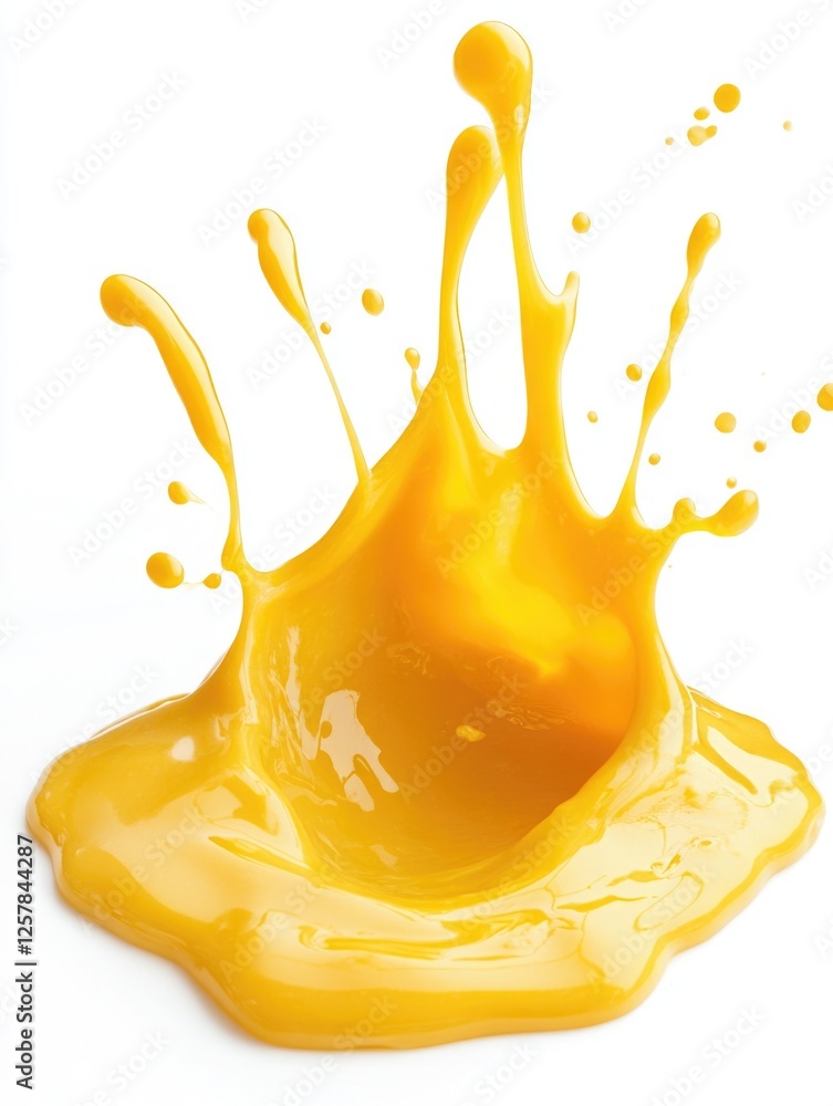 Poster the vibrant, melted yellow liquid is splashing and dripping down from above. it's a close-up view of