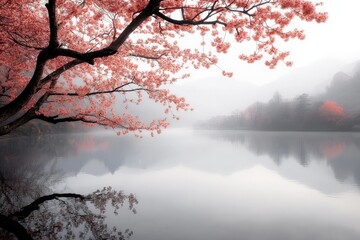 Tranquil cherry blossom reflections by a foggy lake during early spring in a serene landscape