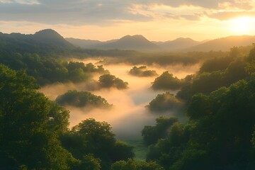 Misty Sunrise Over Lush Green Valley and Rolling Hills Landscape