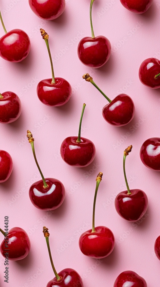 Poster plump and glossy red cherries lay arranged on a soft pink backdrop, creating a striking visual patte
