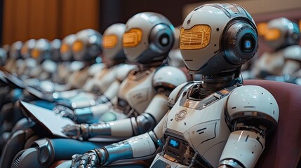 Androids in a modern classroom, engaging with AI-powered educational content, illustrating innovation in technology and education.