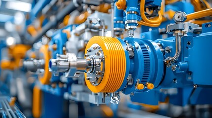 Fototapeta premium Automated plastic extrusion machine with orange and blue metallic components manufacturing long sheets of polymer material in a modern efficient industrial factory setting