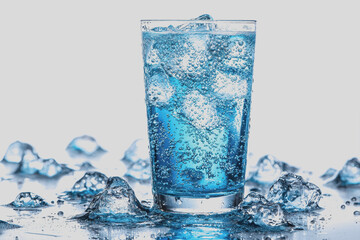 A glass of water with ice cubes on the side placed on a wooden table in natural light