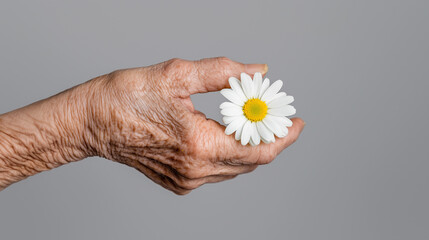 A wrinkled hand gently holding a white daisy, symbolizing time&rsquo;s quiet beauty