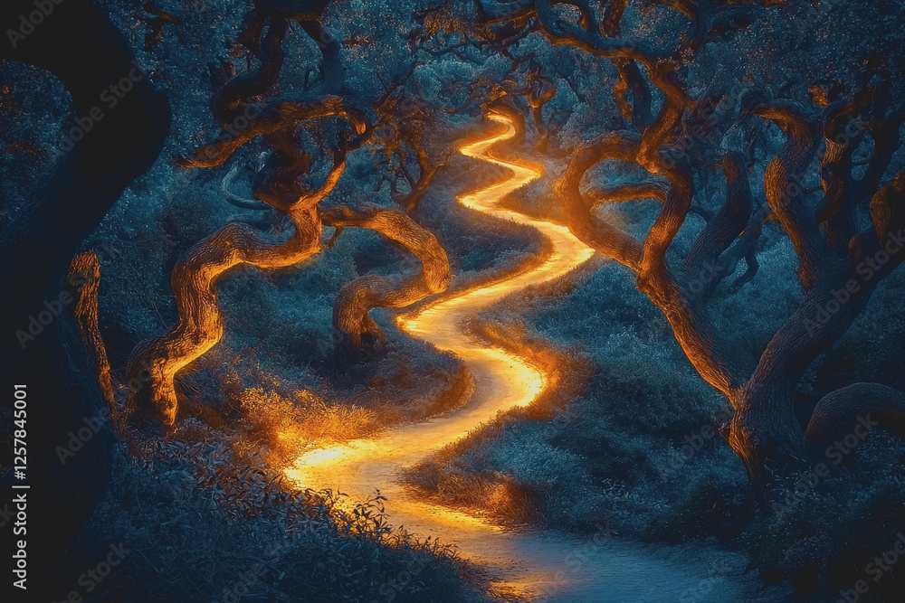 Poster path through a forest surrounded by trees with a fire burning in the background