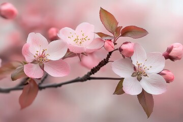 Obraz premium Cherry blossoms bloom on a tree branch, showcasing delicate pink flowers in a serene spring setting
