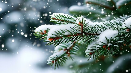Snowy pine branches create serene winter atmosphere, perfect for holiday decorations and seasonal themes