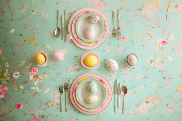Obraz premium Elegant Easter Table Setting with Floral Accents and Decorated Eggs