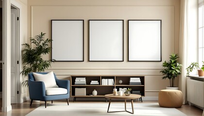 Modern living room, three blank frames, interior design mockup