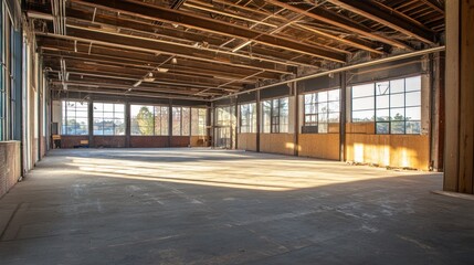 Sunlit empty industrial warehouse interior. (1)