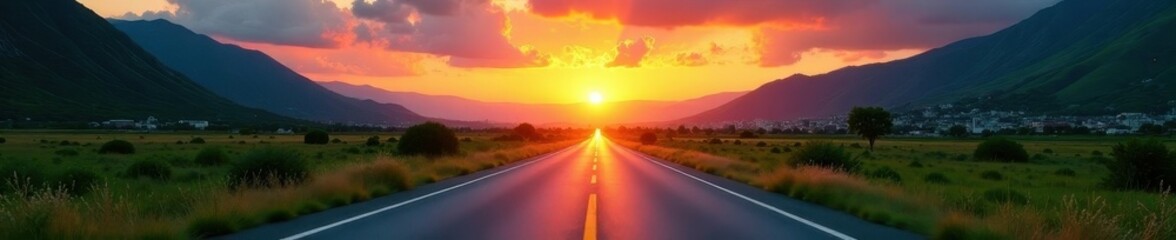 Fototapeta premium Asphalt road cuts through vibrant sunset, green mountains frame city skyline , colors, twilight