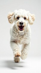Fototapeta premium Athletic white standard poodle running, crisp white backdrop , playful, white