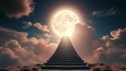 Fototapeta premium A surreal scene featuring an endless staircase leading directly to a giant, luminous full moon in a dreamy night sky.