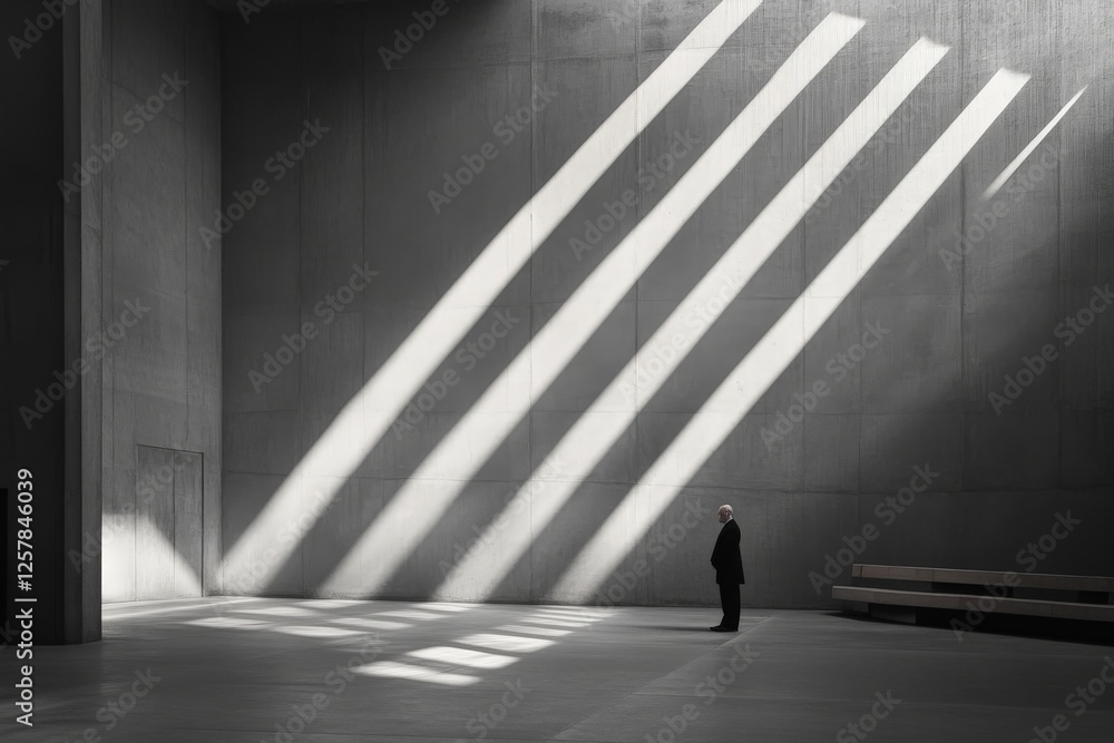 Poster light and shadow interplay in a sparse architectural space with a solitary figure reflecting in stil