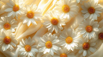 Fototapeta premium Daisies on silk fabric, sunlight, background blur, spring