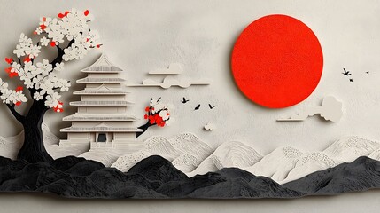 Elegant Asian Temple Nestled in a Mountainous Landscape Depicted in a Delicate and Intricate Paper Cut Art Style Evoking a Sense of Serenity and Zen like Tranquility