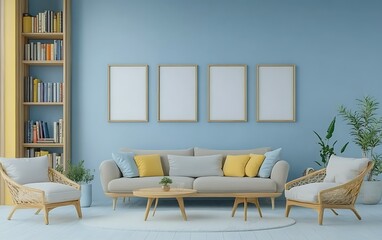 Calm living room, pastel blue walls, rattan chairs,  mockup frames, book shelf