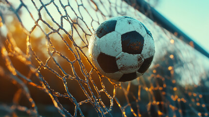 A soccer ball resting inside the goal