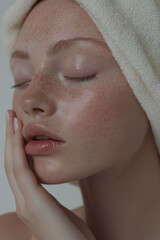 A close-up photograph of a young beautiful woman with freckles, wearing a white towel on her head. With her eyes closed, she gently touches her cheek, embodying a serene and self-care moment. The imag