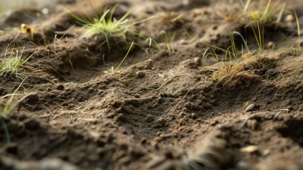 Detailed view of soil with grass highlighting natural terrain, ideal for outdoor exploration and environmental themes