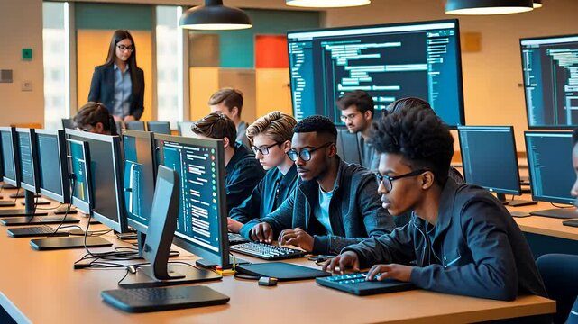 Group of students coding in a computer lab with multiple monitors displaying programming languages and data analytics

