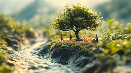 a miniature tree on a rock in the water