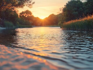 Serene sunset reflection over calm river nature landscape tranquil environment peaceful viewpoint