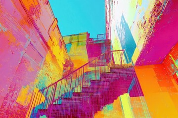 Fototapeta premium Abstract art piece of a stairwell in a colorful urban environment.