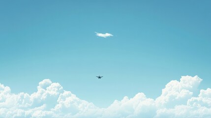 Fototapeta premium Panoramic Background with flying plane in blue sky