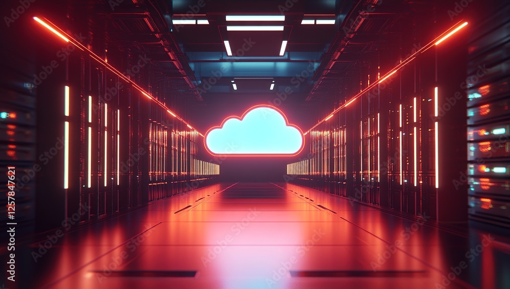 Poster exploring the futuristic cloud server data center: a journey into digital infrastructure with neon l