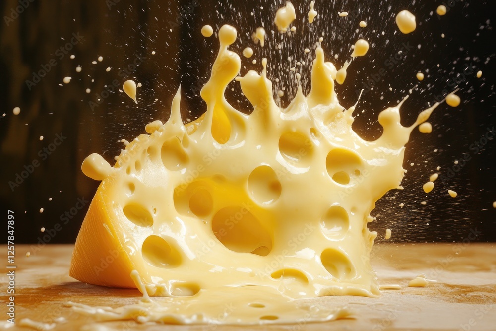 Poster splash of melted cheese with sharp flavor and creamy texture being poured or splashed. high-angle fo