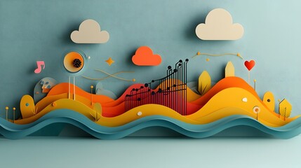 Glowing neon paper cut elements forming a dynamic and colorful music equalizer landscape with waves rhythm and harmony