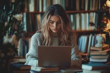 Woman sitting at desk working on laptop in modern office environment during daytime