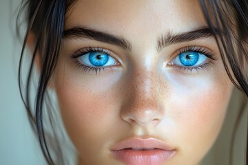 Fototapeta premium Vivid Blue Eyes Close-Up Portrait for Beauty and Cosmetics Design