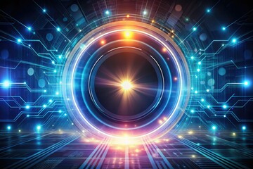 Dark silhouette photography reveals an abstract tech circle, a futuristic ring against a digital background.