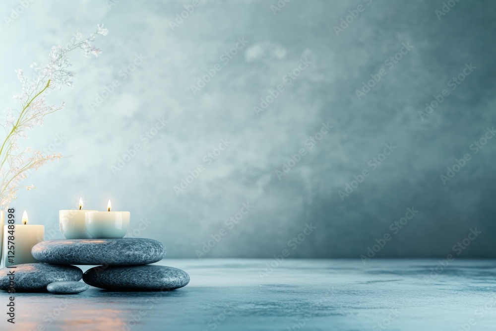 Poster Relaxing spa arrangement with smooth stones and flickering candles inviting tranquility and peace. Generative AI