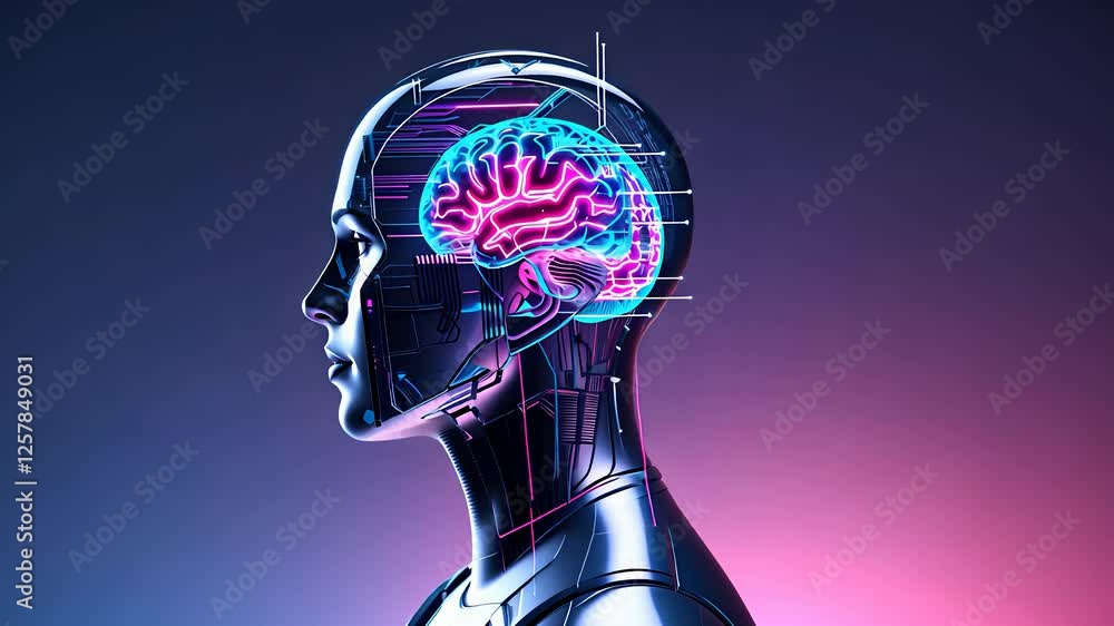 Aufkleber futuristic humanoid robot with a glowing artificial brain and neural connections in a high-tech cybe