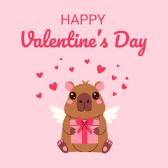 A cute brown capybaras holding a pink box with a bow on it. The animal is sitting on a pink background
