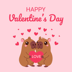 A cute cartoon of two capybaras holding a heart. The image is titled 