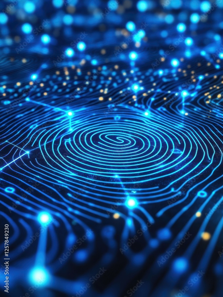 Poster glowing blue digital fingerprint holograms hovering above a global network of connected nodes repres